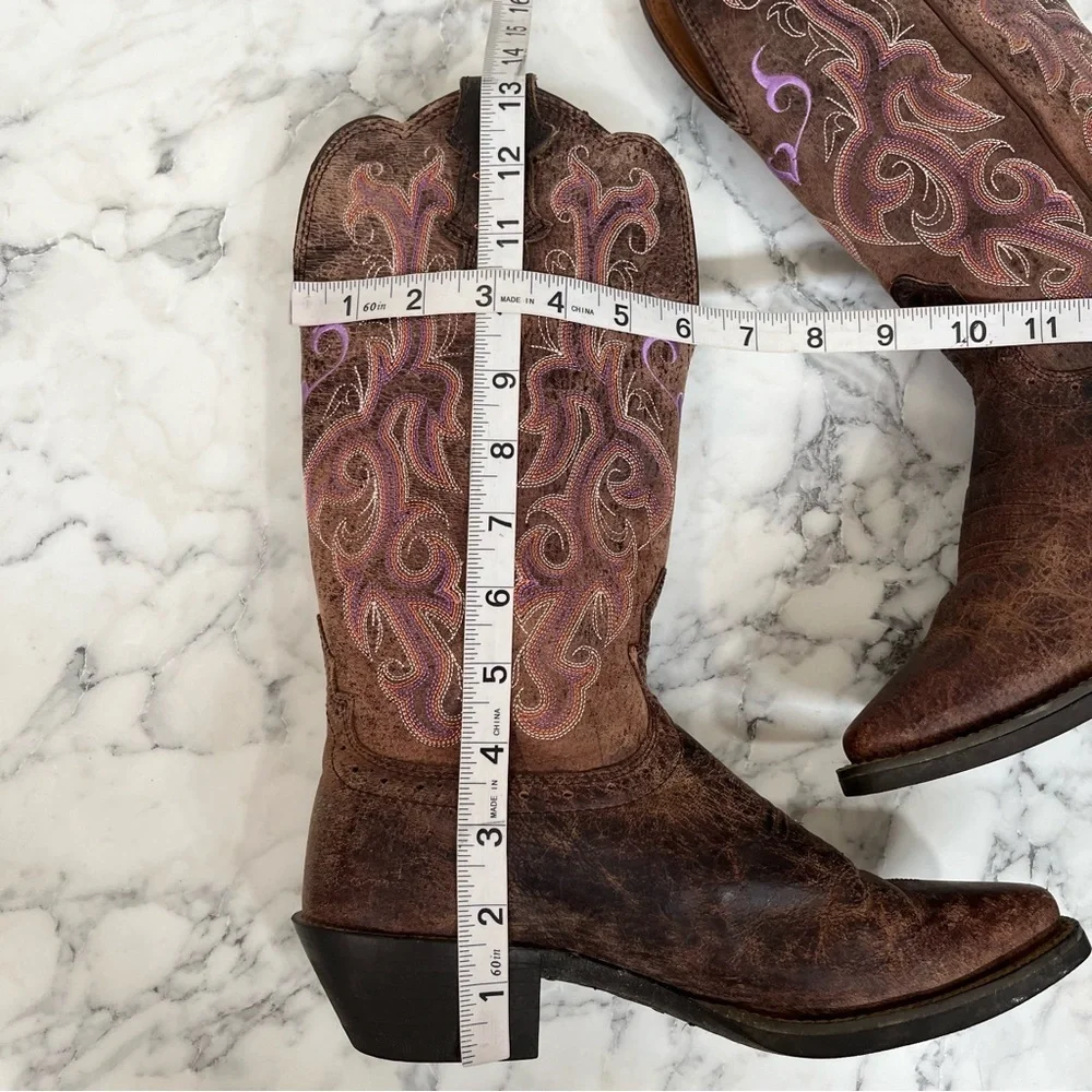Justin Stampede Chocolate Puma women's 6B cowboy boots Purple Heart embroidery